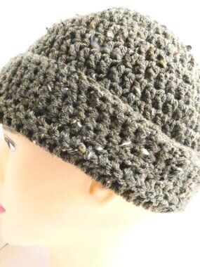 Hand Crocheted OS Tan Beanie White Black Speckles Roll Up Bottom Hat Soft & Warm